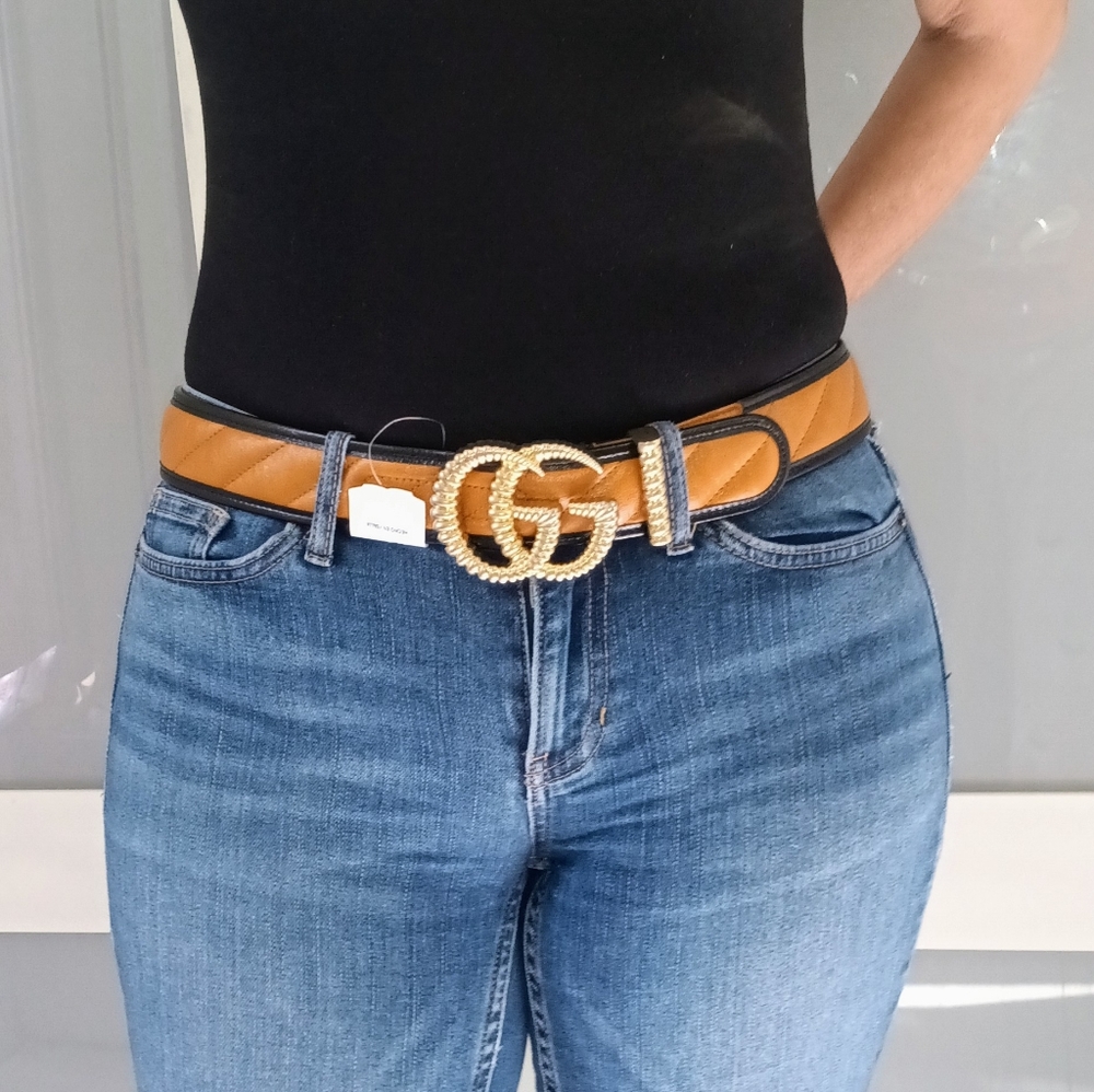 NEW GUCCI GG WIDE BELT GOLD-TONE TORCHON BUCKLE COGNAC/BLACK LEATHER SZ 36/90 - Picture 13 of 16